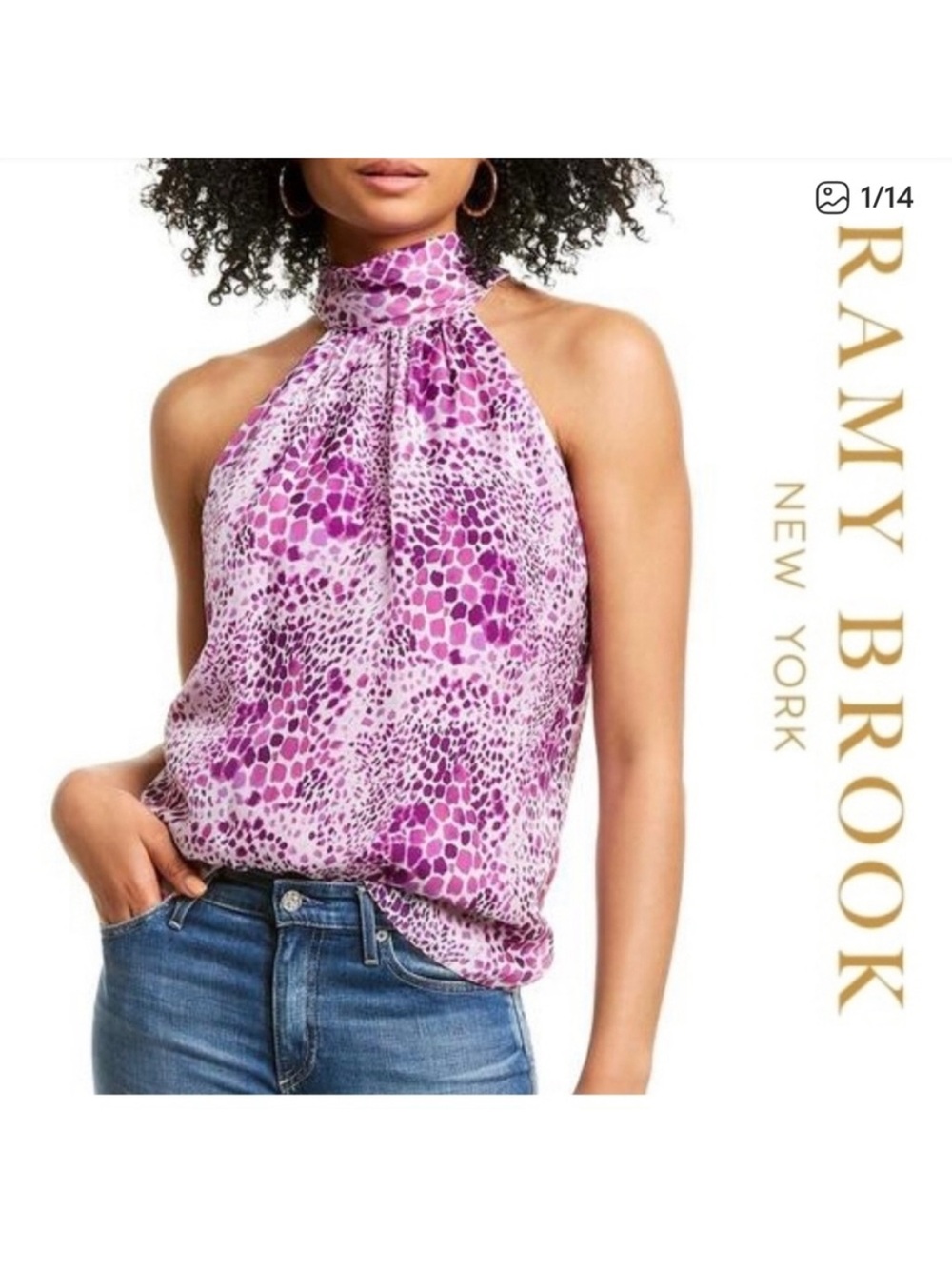 Ramy Brook Purple-Pink Animal Print High-Neck Satin Halter Top